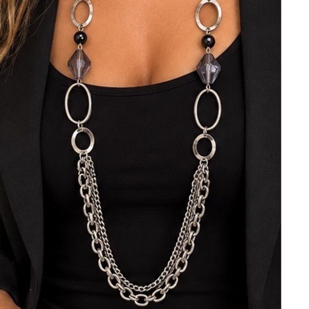 Silver Tone Multi Chain Layered Necklace Grey Crystal Black Bead Long